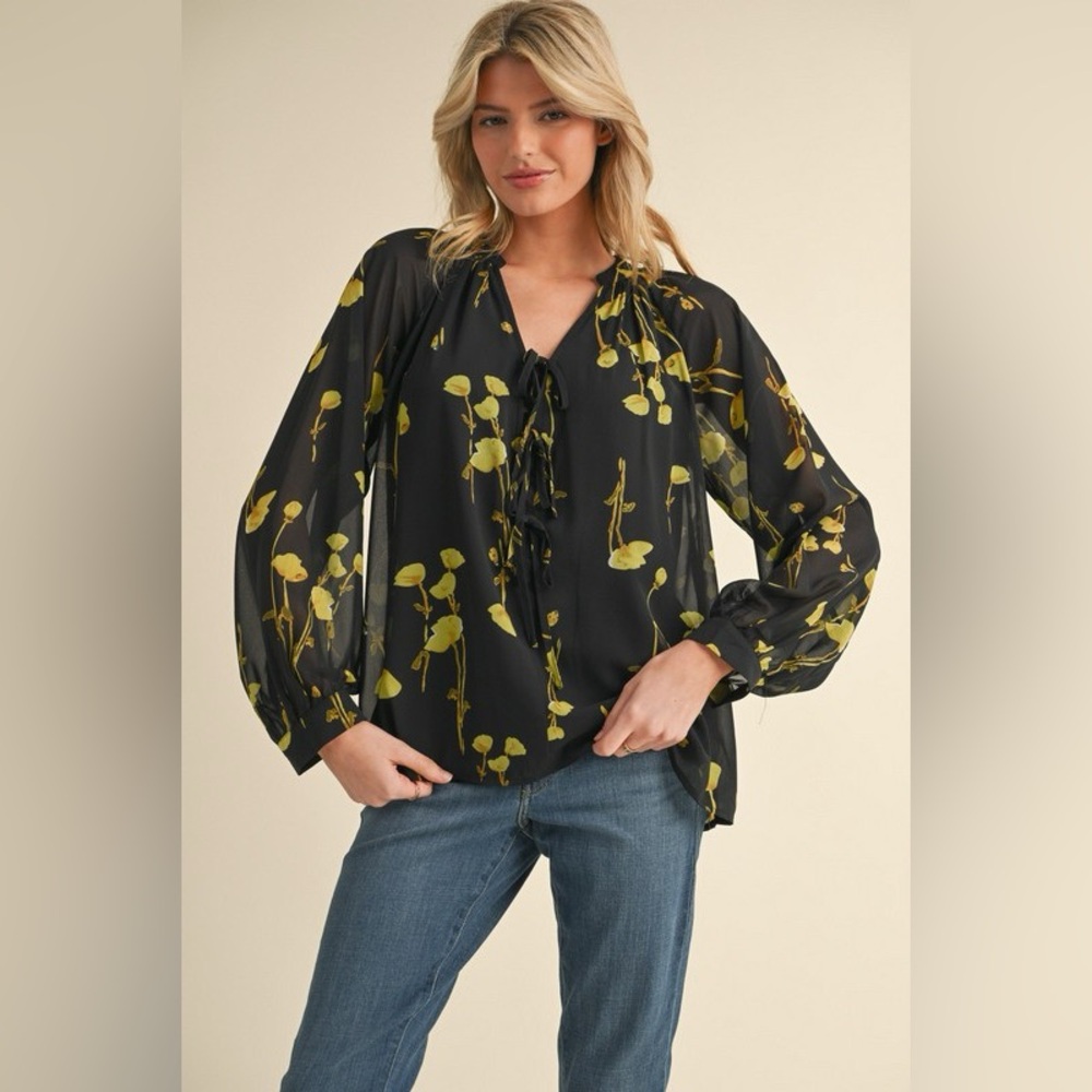 🎄JODIFL Black & Lime Floral Chiffon Blouse with Bow Tie